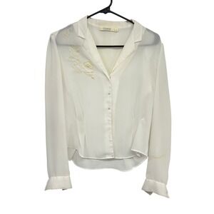 Sheer Pearl Embroidered Floral Blouse 10 Ivory Romantic Fairy Cottagecore